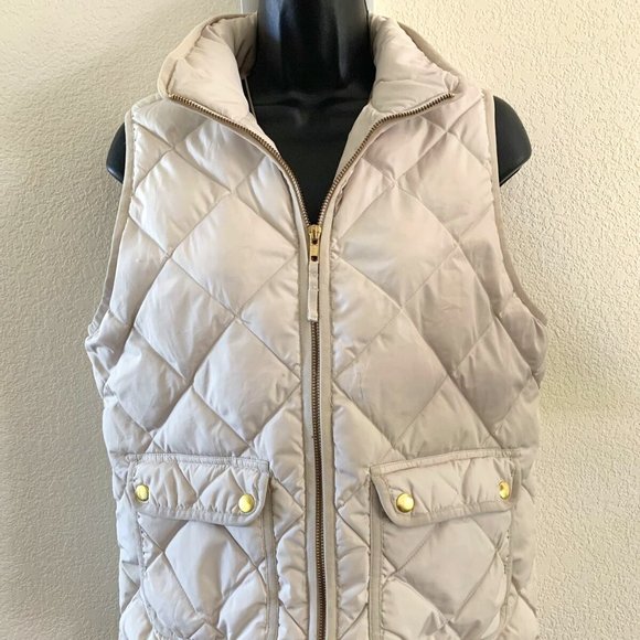 J CREW Women's Small Vest Puffer Cream Puffer Quilted Gold Zipper